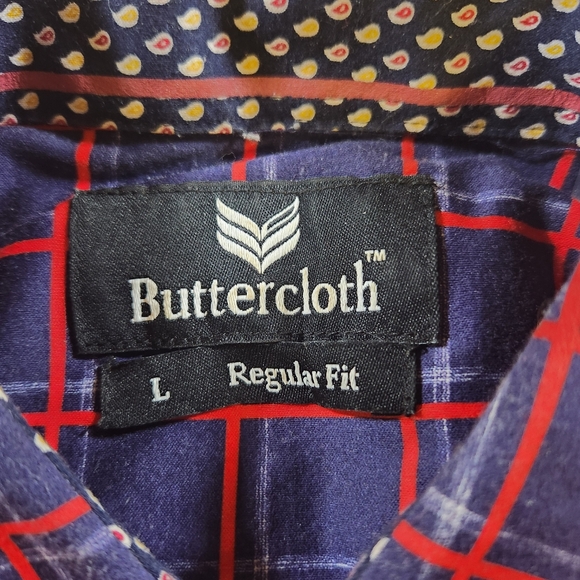 Buttercloth Shirt Men's L Regular Fit Blue Red Check Preppy Flip Cuff Button Up - Picture 7 of 11